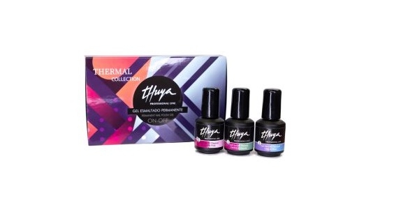 The Thermal gel on-off nail polish kit is a collection of 3 thermal colors that produce a changing effect with cold and heat.